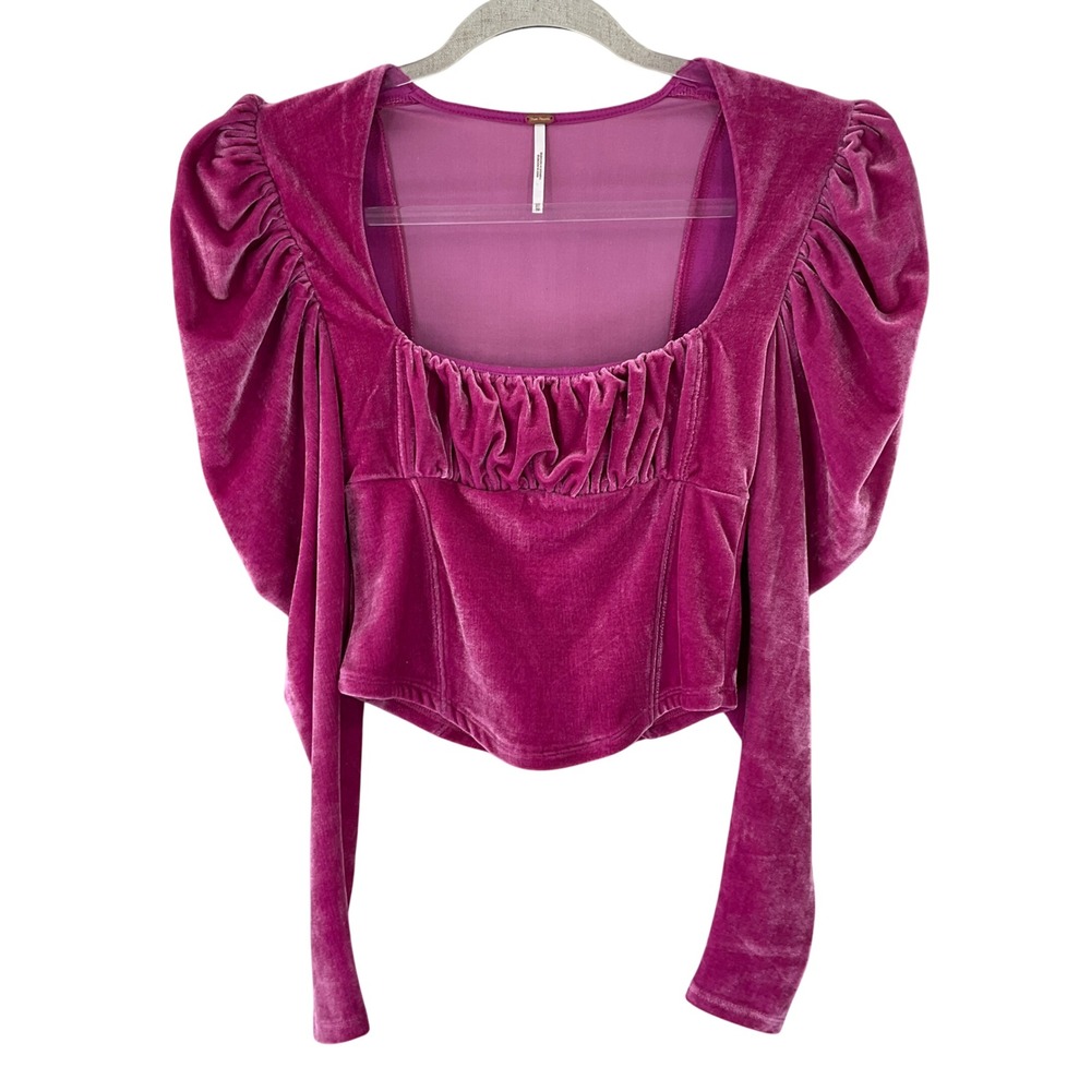 Free People Magenta Velvet Milkmaid Puff Sleeve‎ Ruched Cropped Boho Top XS
